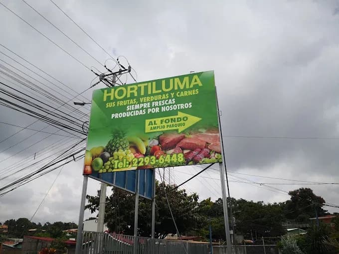 Hortiluma roadside sign on a pole above power lines: fruit, vegetables and meat, always fresh, produced by us, ample parking at the back.
