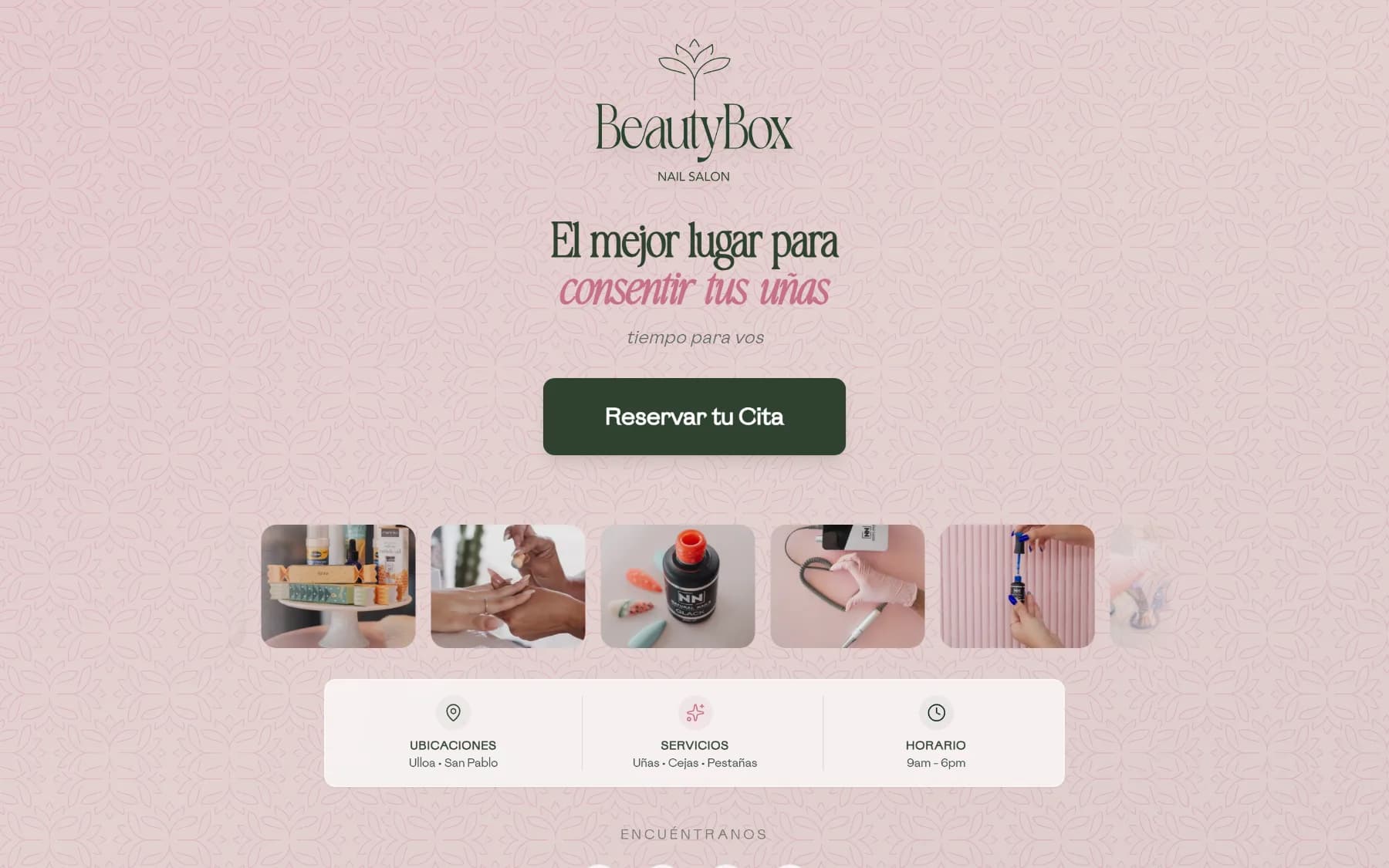 El sitio de BeautyBox con su botón de reservas, sucursales, servicios y horario.