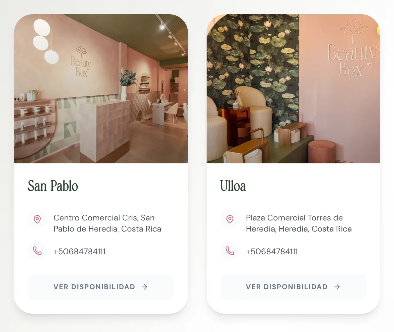 BeautyBox live booking flow in Spanish, showing branch selection for the San Pablo and Ulloa locations.