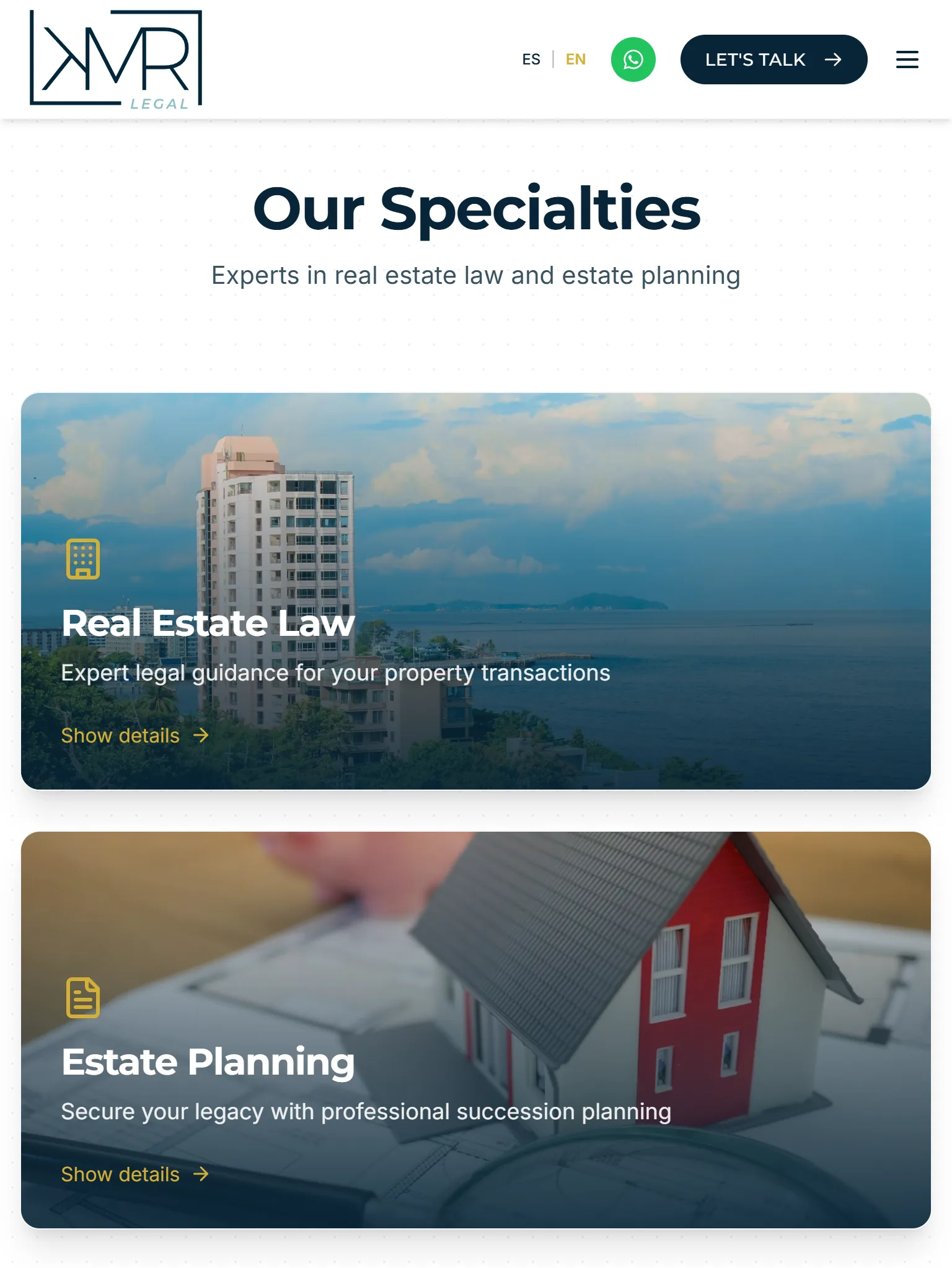 KMR Legal English website, showing the Our Specialties section with Real Estate Law and Estate Planning.